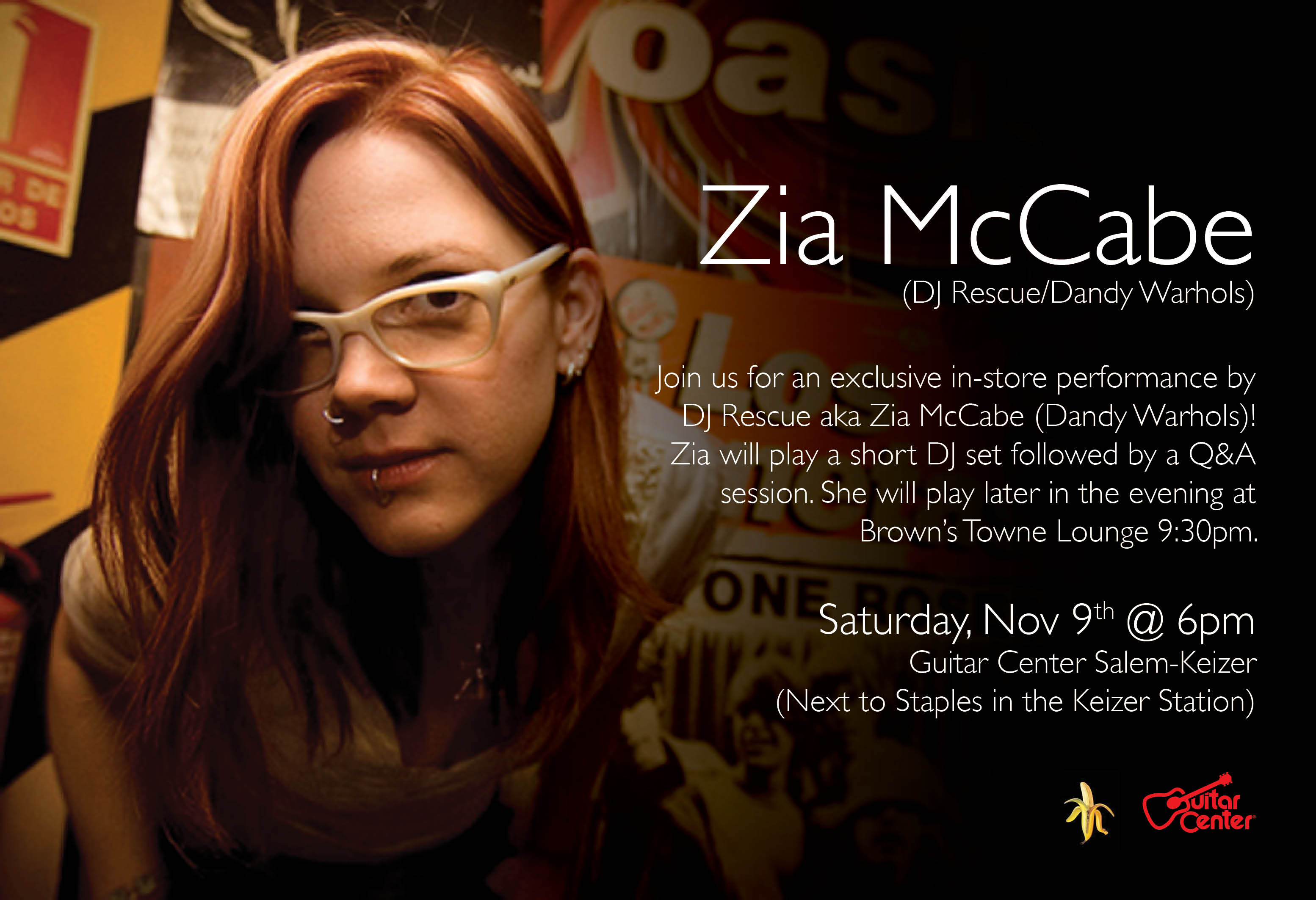 An image of Zia McCabe overlayed with past concert information